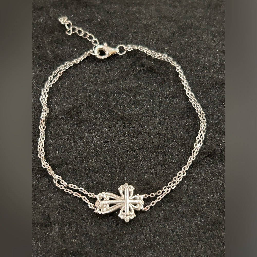 Silver Filagree Cross w/ Double Chain Bracelet - Women's Jewelry VINTAGE